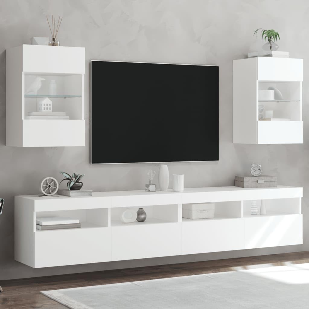 Homgoday TV Wall Cabinets with LED Lights, Pack of 2, Cabinet Wall TV Cabinet with Lots of Storage Space, Wall Mounted TV Furniture for Living Room, Bedroom, Grey, Sonoma