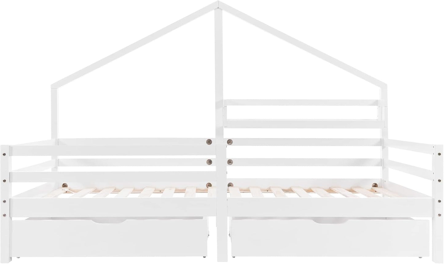 Merax Children's Bed 90 x 200 cm with Fall Protection, Children's House Bed with Drawers and Storage Shelf, Sturdy Wooden Tree House Bed with Slatted Frame, Play Bed for Boys and Girls, White