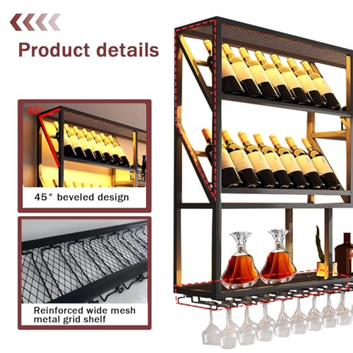 TAUODUYY 180 cm Large Industrial Wall Mounted Wine Rack, 3 Tier Wine Display with Glass Holder, Modern Black Metal Wine Rack Wall, for Home Kitchen/Wine Cellar/Bar Cafe (180 cm)