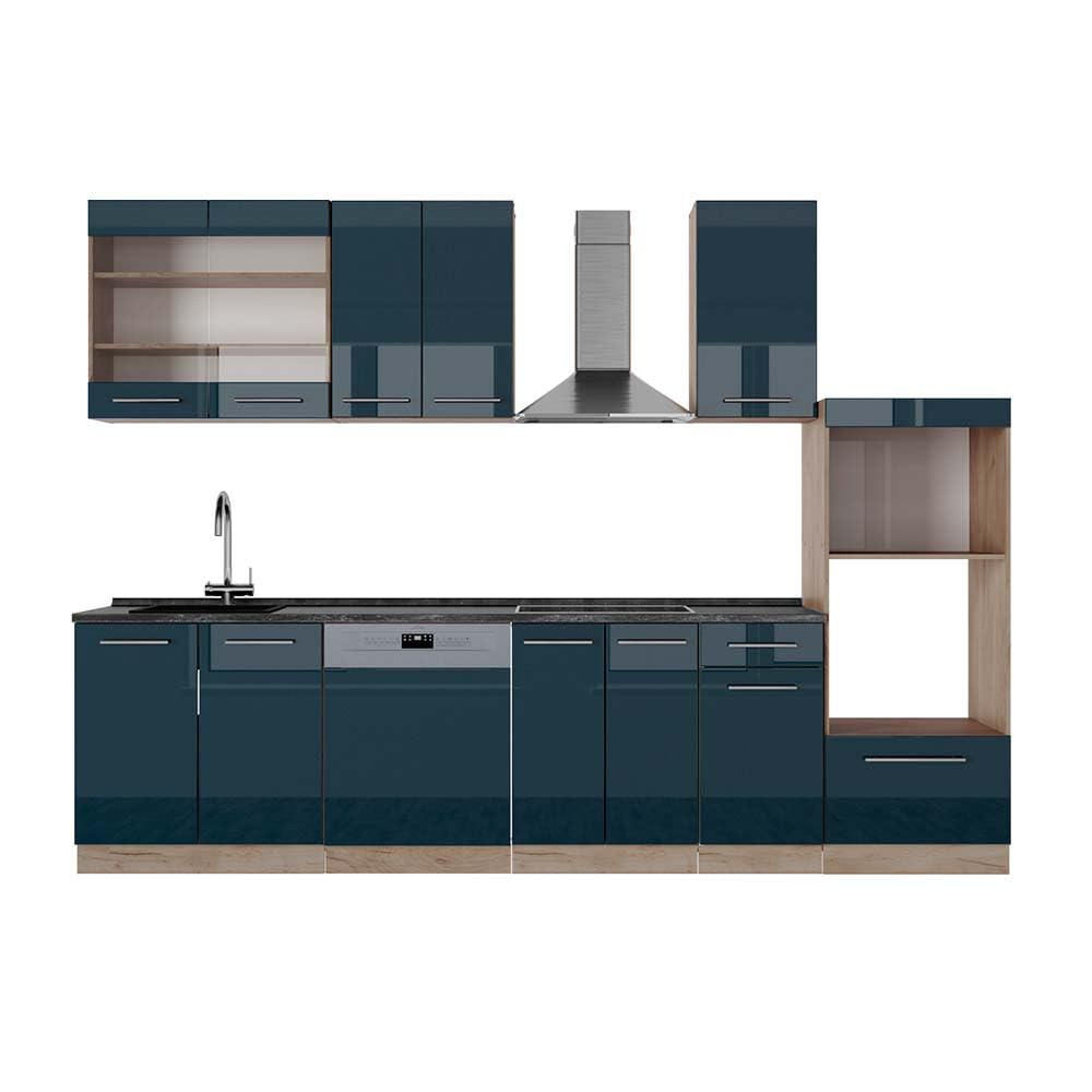 Vicco Küchenzeile Fame-Line, Anthrazit Hochglanz/Goldkraft Eiche, 300 cm mit Hochschrank, ohne Arbeitsplatte