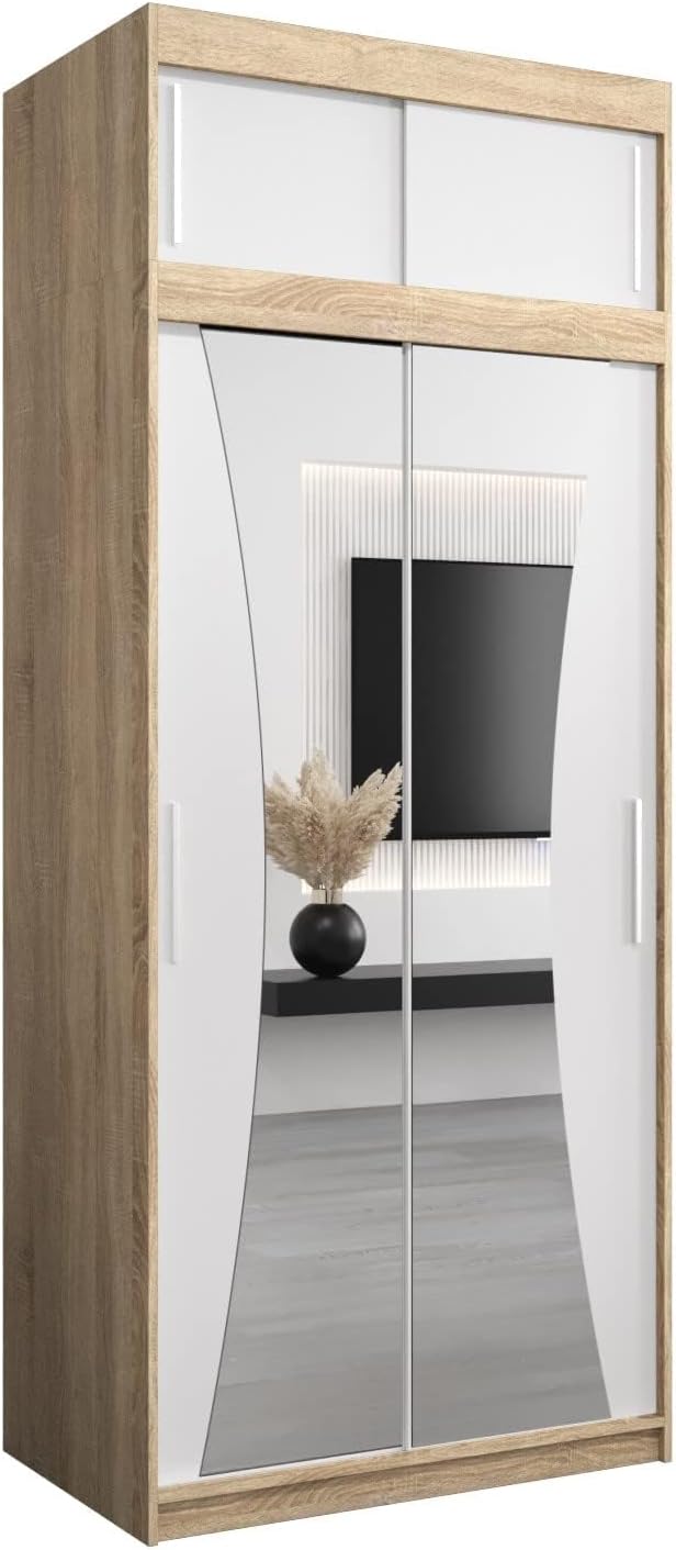 MEBLE KRYSPOL Kleiderschrank mit Spiegel Monaco - Garderobenschrank - Schrank Schlafzimmer - Mehrzweckschrank DREI Schiebetüren - Regalen - Flur Möbel - Kleiderstange Schrank - Allzweckschrank