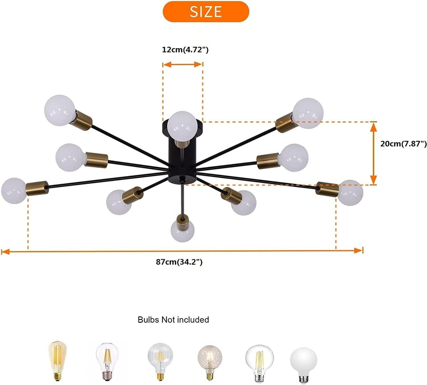 JIINOO 10 Lights Modern Chandelier Ceiling Light Gold Industrial Ceiling Lamp Medieval Semi Flush Mount Chandelier Ceiling Light for Kitchen Dining Room Living Room Bedroom Lighting