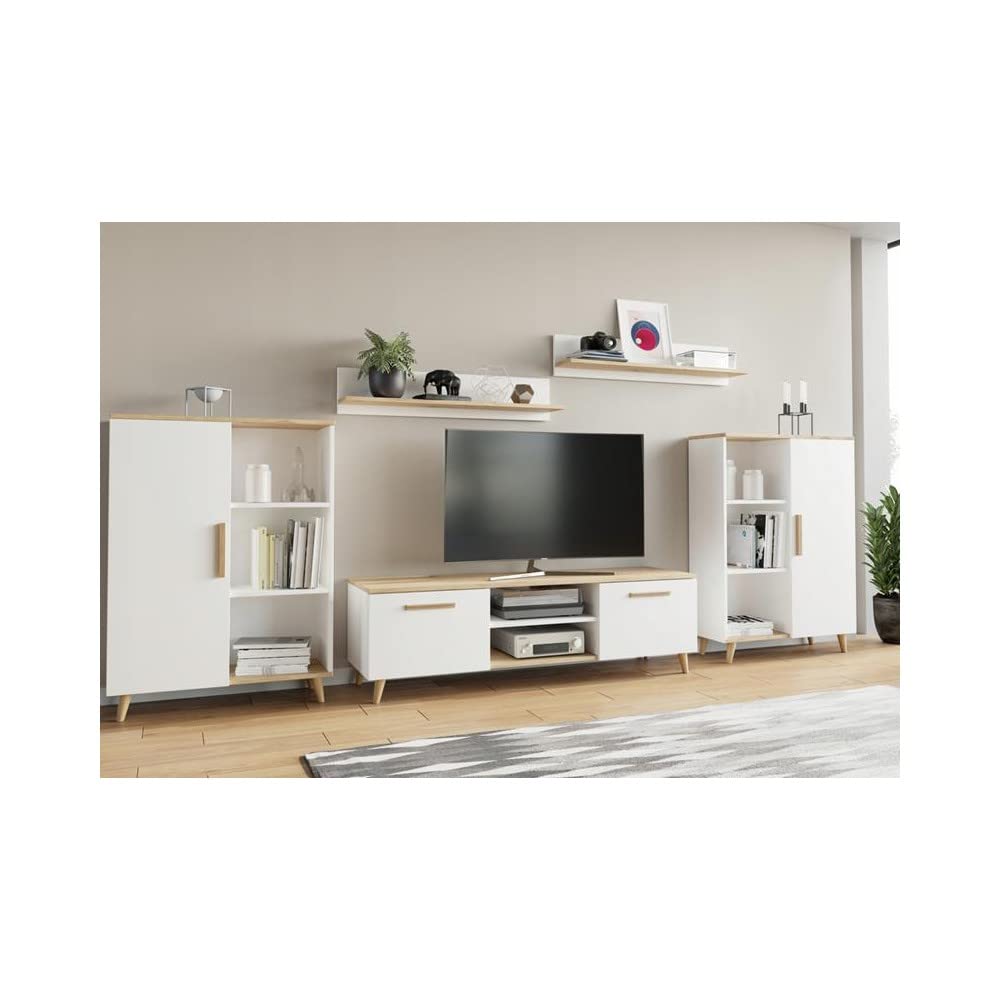 MATKAM Oslo 2 Living Room Furniture Set, 4 Pieces, 1 x TV Chest of Drawers H47 x W150 x D40 cm, 2 x Living Room Chest of Drawers H112 x W80 x D30 cm, 2 x Hanging Shelves H20 x W100 x D20 cm (Cashmere)