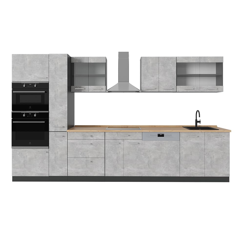 Vicco R-Line Fitted Kitchen Cabinets Anthracite Kitchen Furniture (Anthracite / White High Gloss, MUS 350 cm)