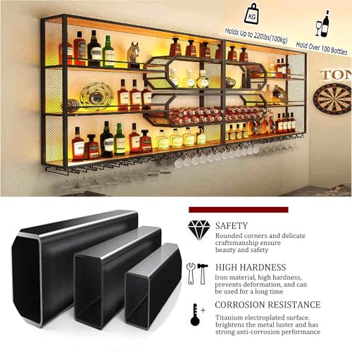FKKPRVAX Wandmontiertes Weinregal mit LED Glashalter, 4 stöckiges Metall Wandmontage Wine Display Ständer, Wand Flaschenregal für Bar-Einheiten, Restaurants und Zuhause (240×125×25cm)