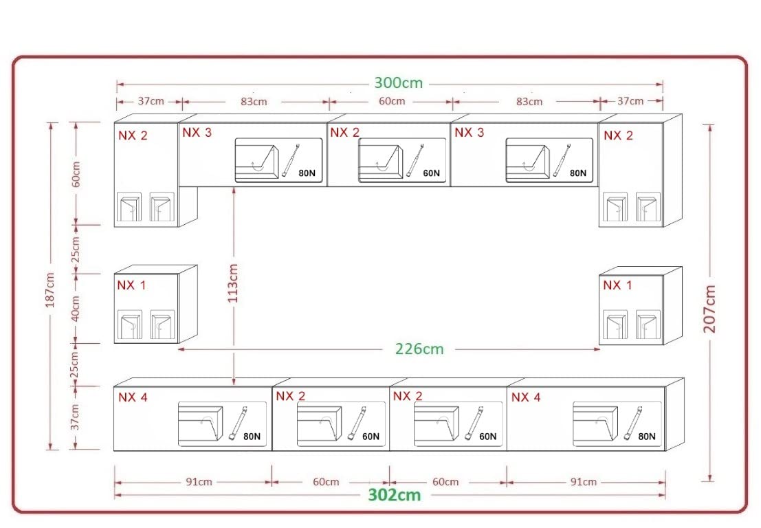 Furnitech Wohnwand Wohnzimmer Möbel (Schwarz) mit LED RGB - 16 Farben - Hängend Wohnzimmerwand Modern - Schrankwand mit Regale und TV Schrank (Nowara AN1-17B-HG20 1C)