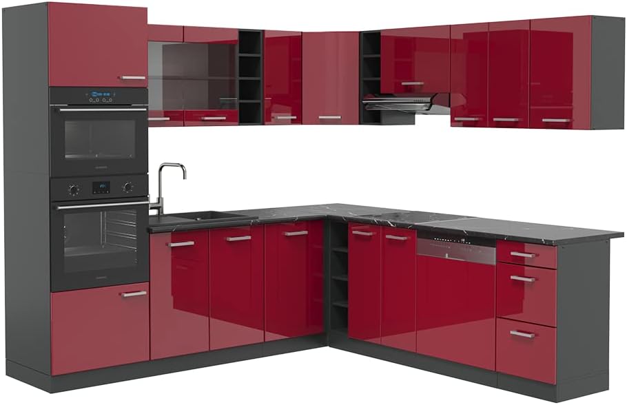 Vicco R-Line Fitted Kitchen Cabinets Anthracite Kitchen Furniture (Anthracite / White High Gloss, Corner 247 x 237 cm)