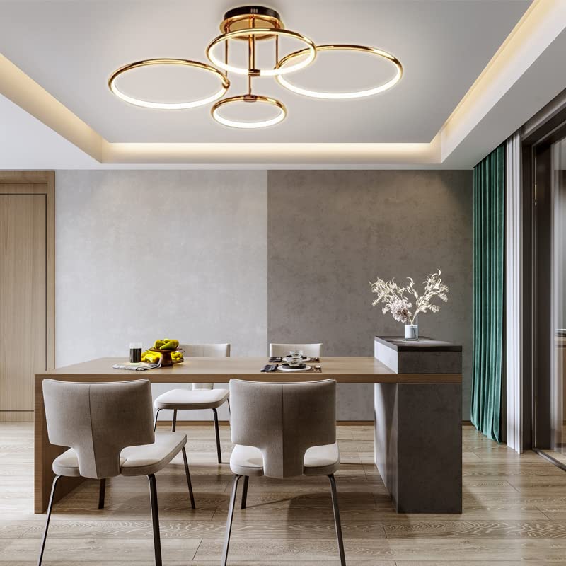 LED Deckenleuchte Modern Design Deckenlampen Gold 5-Ring Lampen Dimmbar Wohnzimmerlampe mit Fernbedienung, Aluminium Led Beleuchtung für Wohnzimmer Schlafzimmer Küche Esszimmer Büro 93cm, 108W…