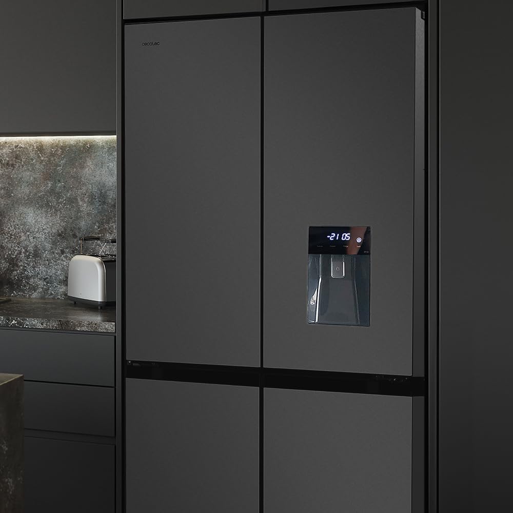 Cecotec Amerikanischer Kühlschrank, 4 Türen, 564 l, Bolero, CoolMarket, 4D 564 Dark E. 183 cm hoch, 91 cm breit, Wasserspender, geringer Stromverbrauch, Invertermotor, Plus, Total NoFrost