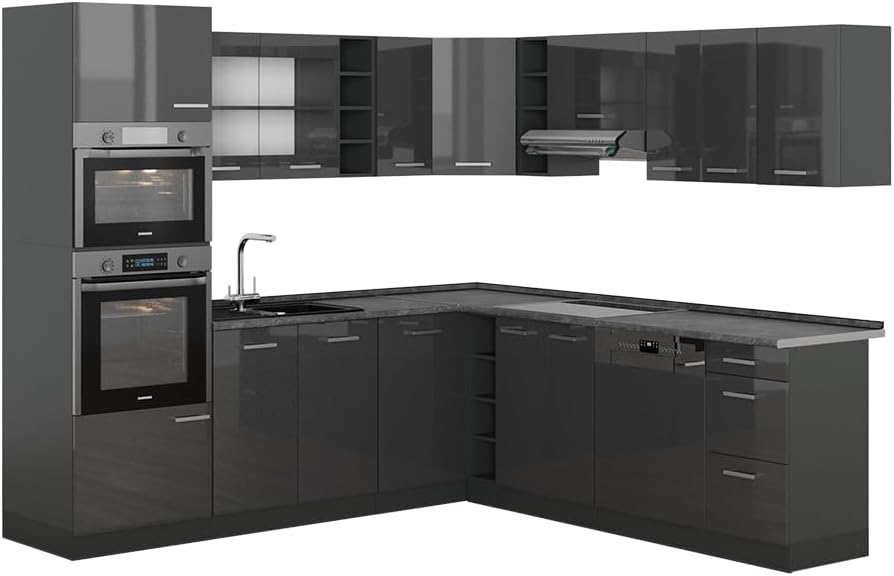 Vicco R-Line Fitted Kitchen Cabinets Anthracite Kitchen Furniture (Anthracite / White High Gloss, Corner 247 x 237 cm)