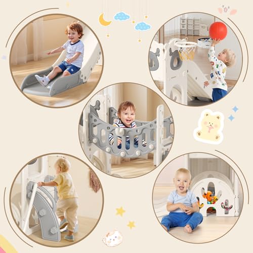 Krovtoy Kleinkindrutsche mit Weihnachtselch-Motiv, freistehende Kleinkindrutsche mit Golf-Set, Babyrutsche, Spielplatzgerät, für den Innen- und Außenbereich (Grau Beige - 6 in 1)