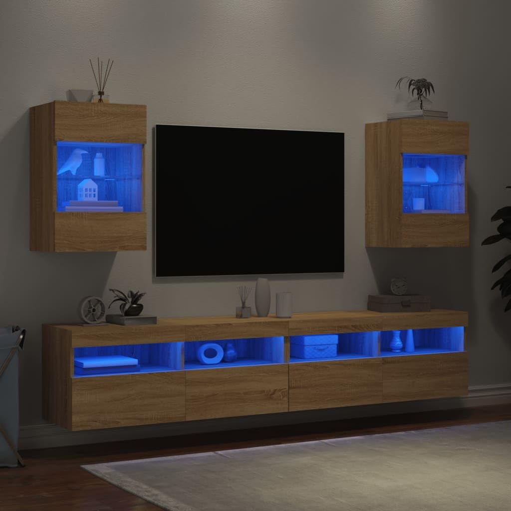 Homgoday TV Wall Cabinets with LED Lights, Pack of 2, Cabinet Wall TV Cabinet with Lots of Storage Space, Wall Mounted TV Furniture for Living Room, Bedroom, Grey, Sonoma