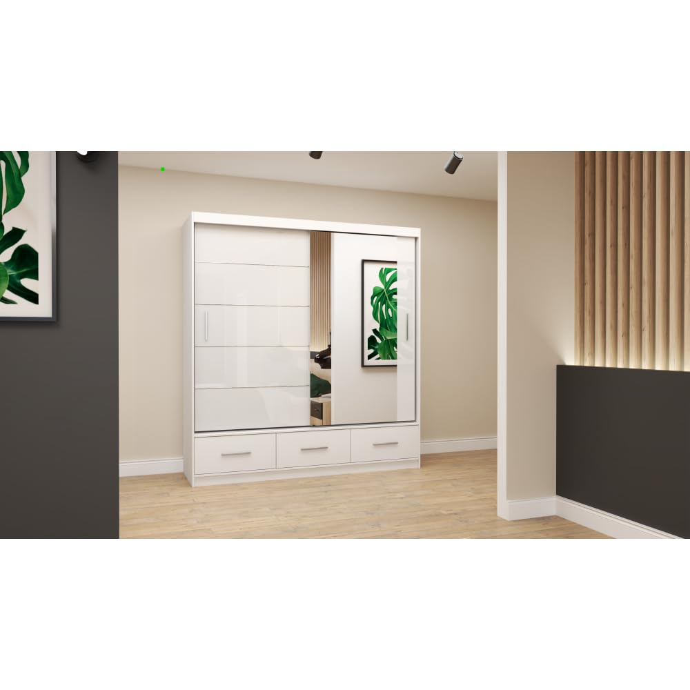 Fabryka Mebli Idźczak Kleiderschrank mit Spiegel weiß - Schwebetürenschrank - Schlafzimmerschrank - 61 x 250 x 218 cm - Wohnzimmerschrank - Garderobenschrank, Schrank mit 2 Türen, 4 Schubladen