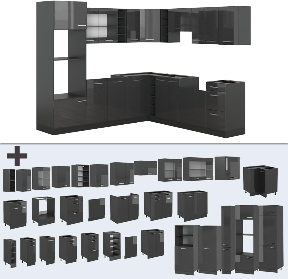 Vicco R-Line Fitted Kitchen Cabinets Anthracite Kitchen Furniture (Anthracite / White High Gloss, Corner 247 x 237 cm)
