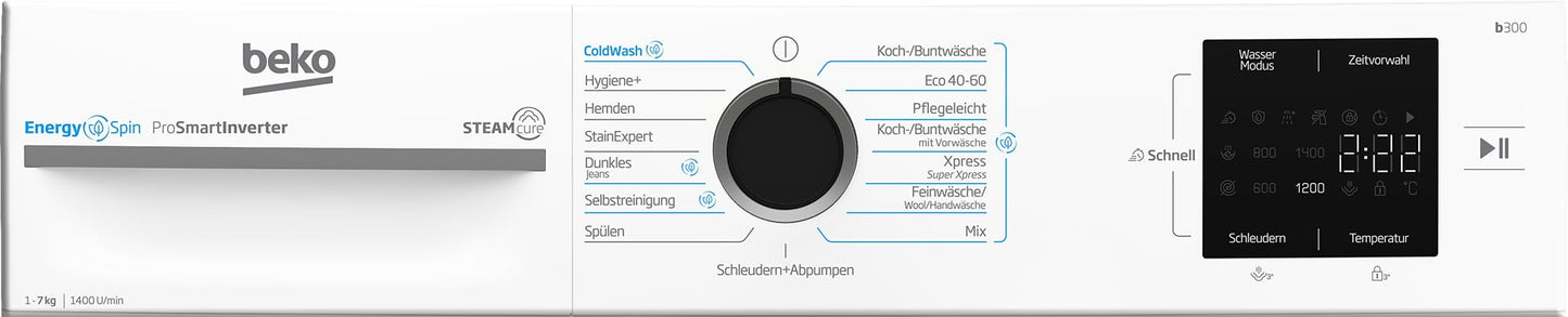 Beko BM3WFU3741R Waschvollautomat, Waschmaschine, 7 kg, EnergySpin, Schleuderwahl 1400 U/min, SteamCure Dampffunktion, allergikergeeignet, AquaWave Schontrommel, Weiß
