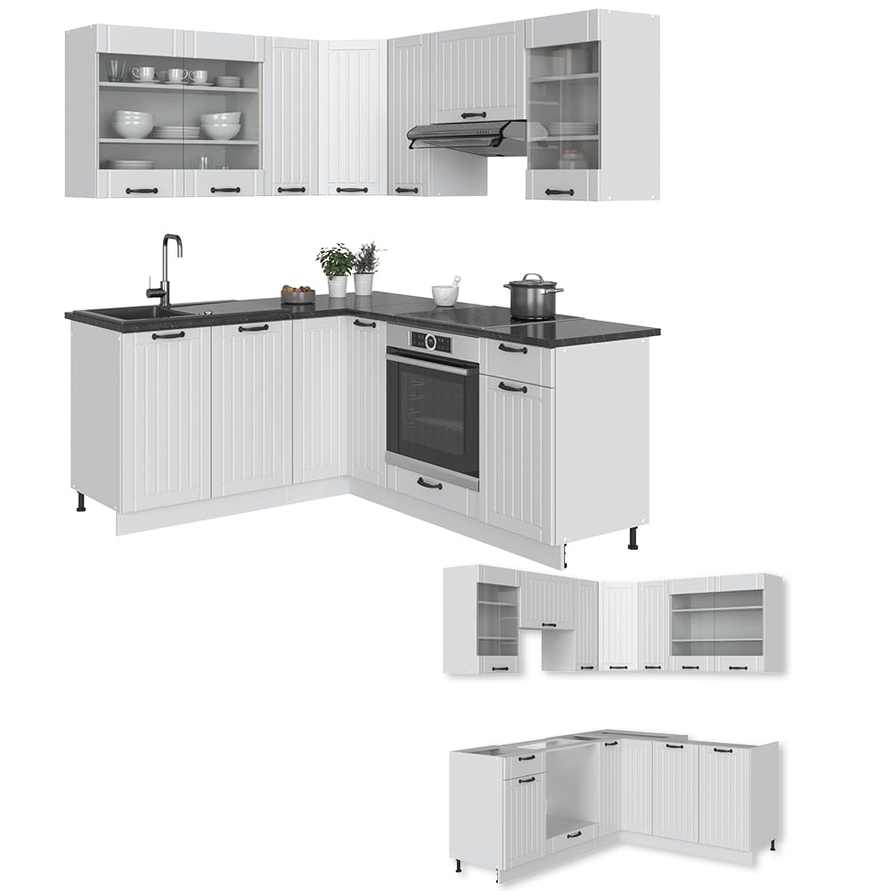 Vicco Eckküche Fame-Line, Grün-Gold Landhaus/Weiß/Weiß, 160 x 190 cm ohne Arbeitsplatte