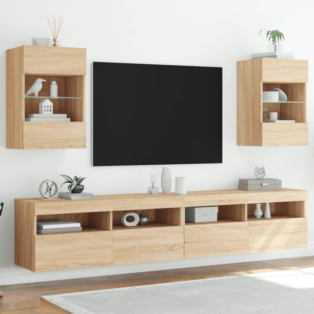 Homgoday TV Wall Cabinets with LED Lights, Pack of 2, Cabinet Wall TV Cabinet with Lots of Storage Space, Wall Mounted TV Furniture for Living Room, Bedroom, Grey, Sonoma
