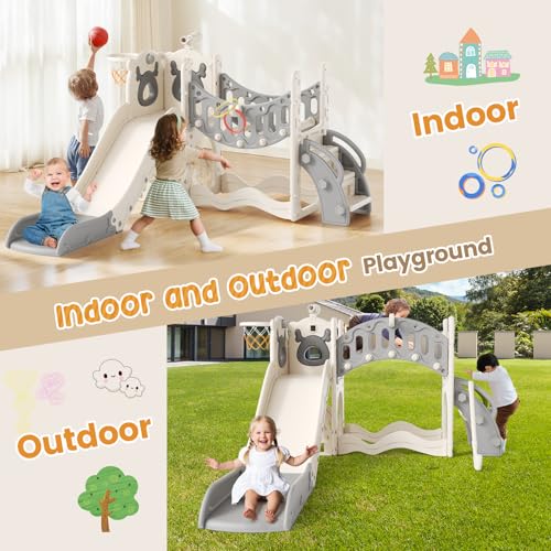 Kinderrutsche, Kleinkindrutsche mit Weihnachtselchmotiv Kleinkinderrutsche mit Golfset, Babyrutsche, Spielplatzgerät, für den Innen- und Außenbereich freistehend Babyrutsche (Khaki-6-in-1- Active)