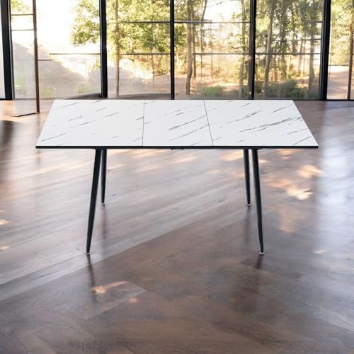 FurnitureR Esstisch, ausziehbar, L-120 – 160 cm für 6 – 8 Personen, Elegantes Design, Tischplatte aus weißem Marmor, MDF mit Metallbeinen, vielseitig und minimalistisch, Küchentisch