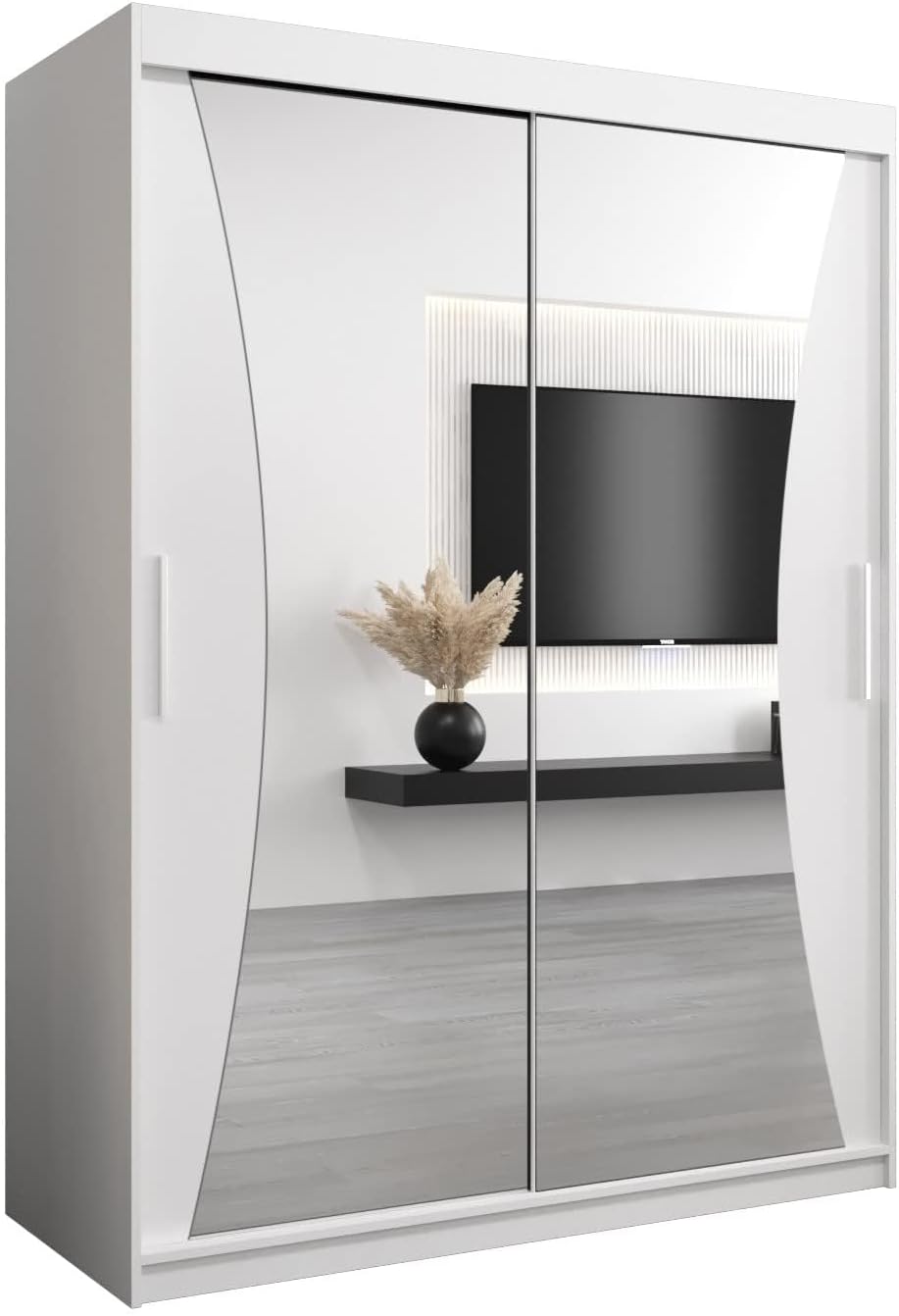 MEBLE KRYSPOL Kleiderschrank mit Spiegel Monaco - Garderobenschrank - Schrank Schlafzimmer - Mehrzweckschrank DREI Schiebetüren - Regalen - Flur Möbel - Kleiderstange Schrank - Allzweckschrank