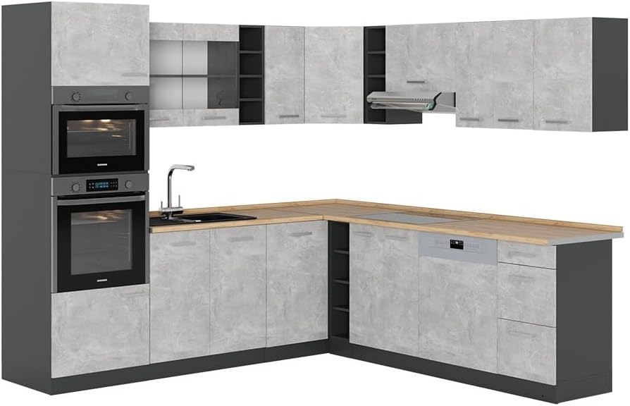 Vicco R-Line Fitted Kitchen Cabinets Anthracite Kitchen Furniture (Anthracite / White High Gloss, Corner 247 x 237 cm)