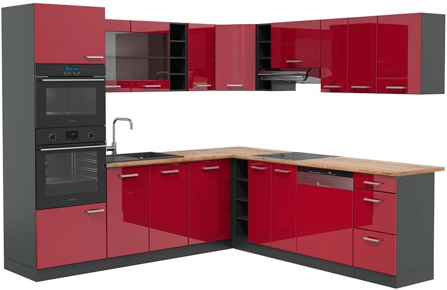 Vicco R-Line Fitted Kitchen Cabinets Anthracite Kitchen Furniture (Anthracite / White High Gloss, Corner 247 x 237 cm)