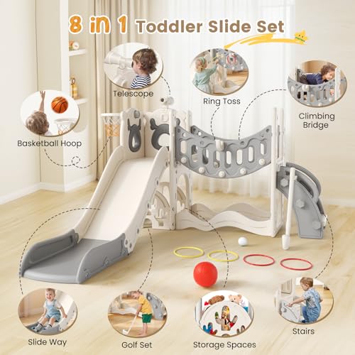 Kinderrutsche, Kleinkindrutsche mit Weihnachtselchmotiv Kleinkinderrutsche mit Golfset, Babyrutsche, Spielplatzgerät, für den Innen- und Außenbereich freistehend Babyrutsche (Khaki-6-in-1- Active)