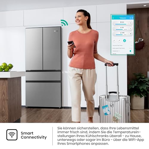 Hisense RF632N4WIE French Door Kühl-Gefrierkombination/ NoFrostPlus/ Inverter-Kompressor/ Wasserspender/ CrispZone/ 200 cm/ Kühlteil 336 l/ Gefrierteil 149 l/ 38 dB/ 295 kWh/ Jahr/ Inox-Look