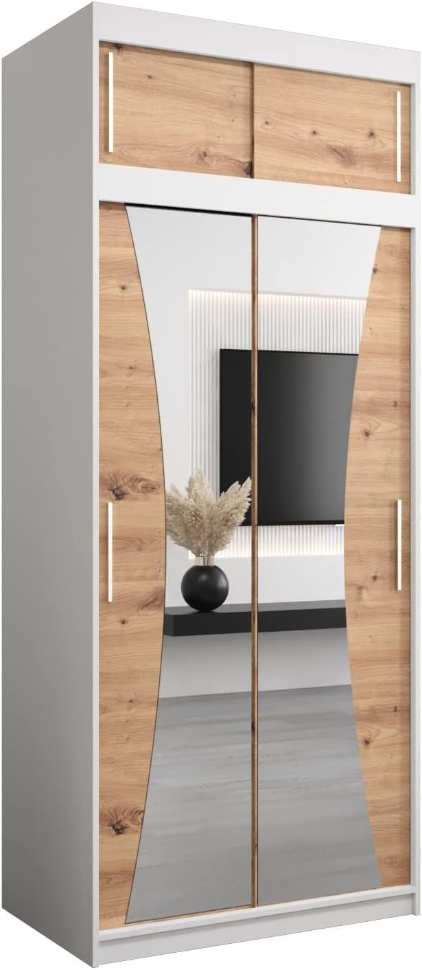 MEBLE KRYSPOL Kleiderschrank mit Spiegel Monaco - Garderobenschrank - Schrank Schlafzimmer - Mehrzweckschrank DREI Schiebetüren - Regalen - Flur Möbel - Kleiderstange Schrank - Allzweckschrank