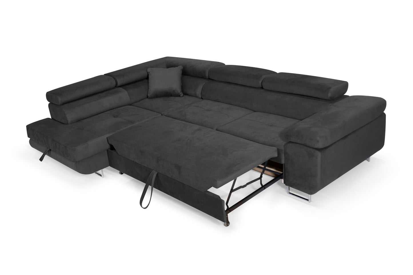 Aller L-Shaped Corner Sofa with Sleep Function and Bed Box in Jasmine, Left Ottoman (Dark Grey)