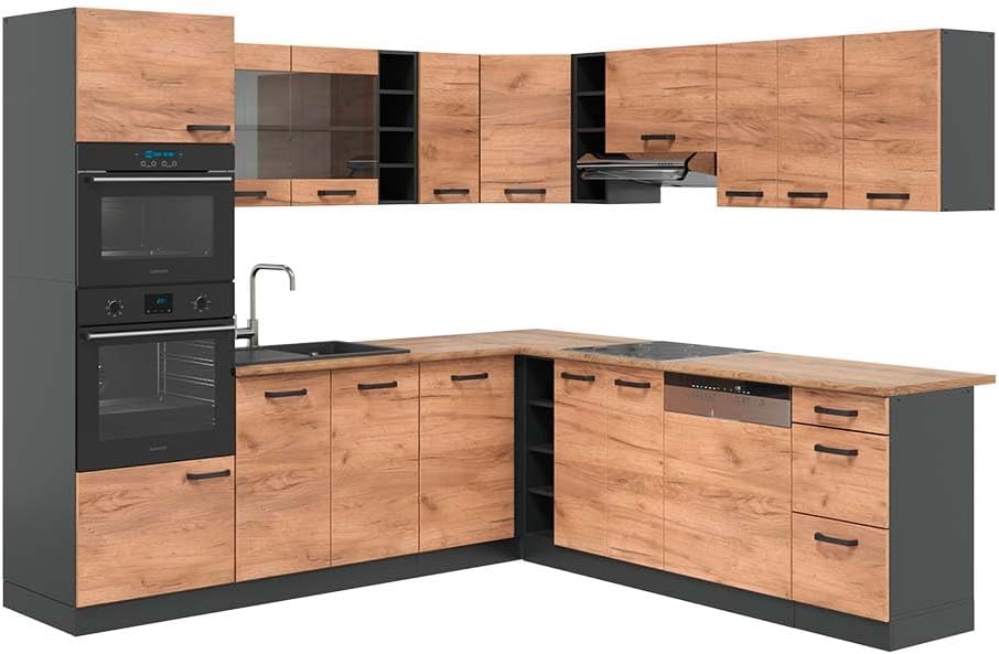 Vicco R-Line Fitted Kitchen Cabinets Anthracite Kitchen Furniture (Anthracite / White High Gloss, Corner 247 x 237 cm)