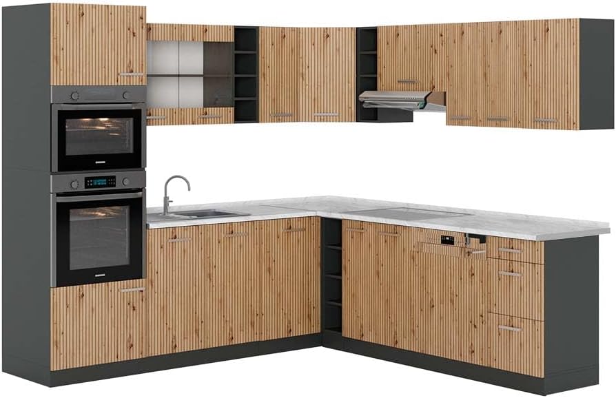 Vicco R-Line Fitted Kitchen Cabinets Anthracite Kitchen Furniture (Anthracite / White High Gloss, Corner 247 x 237 cm)
