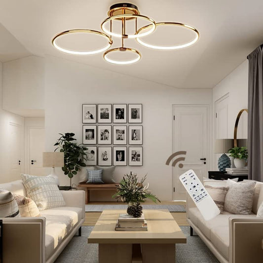 LED Deckenleuchte Modern Design Deckenlampen Gold 5-Ring Lampen Dimmbar Wohnzimmerlampe mit Fernbedienung, Aluminium Led Beleuchtung für Wohnzimmer Schlafzimmer Küche Esszimmer Büro 93cm, 108W…