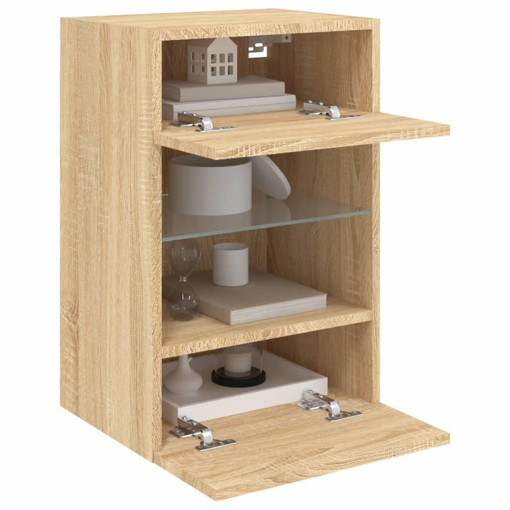 Homgoday TV Wall Cabinets with LED Lights, Pack of 2, Cabinet Wall TV Cabinet with Lots of Storage Space, Wall Mounted TV Furniture for Living Room, Bedroom, Grey, Sonoma