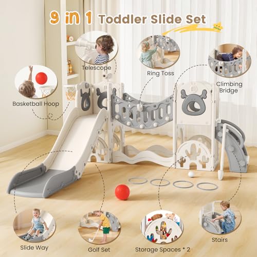 Kinderrutsche, Kleinkindrutsche mit Weihnachtselchmotiv Kleinkinderrutsche mit Golfset, Babyrutsche, Spielplatzgerät, für den Innen- und Außenbereich freistehend Babyrutsche (Khaki-6-in-1- Active)