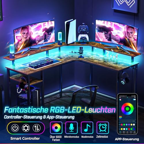 Rolanstar Schreibtisch L Form mit LED & Steckdosen, 117 cm Computertisch mit Monitorständer & Ablagefläche, Reversibler Eckschreibtisch mit 2 Haken, perfekt für Arbeitszimmer Schlafzimmer Büro
