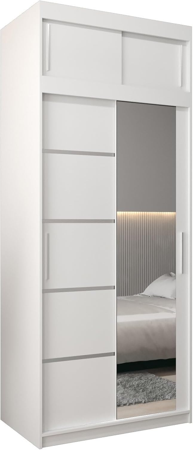 MEBLE KRYSPOL Kleiderschrank mit Spiegel Verona 2 - Garderobenschrank - Schrank Schlafzimmer - Mehrzweckschrank DREI Schiebetüren - Regalen - Flur Möbel - Kleiderstange Schrank - Allzweckschrank