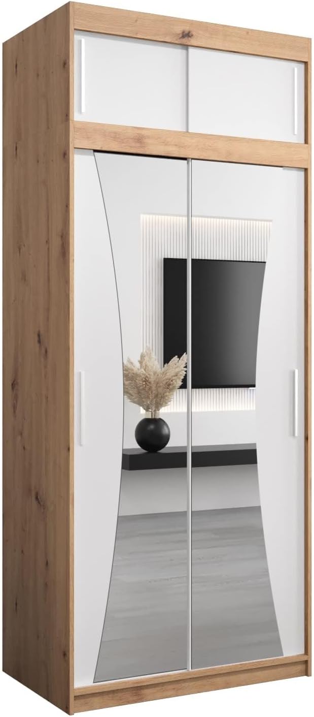 MEBLE KRYSPOL Kleiderschrank mit Spiegel Monaco - Garderobenschrank - Schrank Schlafzimmer - Mehrzweckschrank DREI Schiebetüren - Regalen - Flur Möbel - Kleiderstange Schrank - Allzweckschrank
