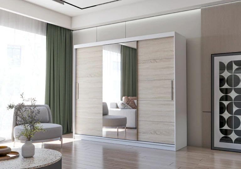 Fabryka Mebli Idźczak Kleiderschrank mit Spiegel, Schiebetüren - Weißer Schwebetürenschrank, Schlafzimmerschrank - 61 x 250 x 218 cm - Schrank für Schlafzimmer, Wohnzimmer, Garderobe