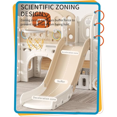 Rutsche mit Klettergerüst für Kinder: Indoor Spielplatz mit - Aufbewahrungsbox Tunnel Treppenleiter Basketballkorb und Durchgangsbereich Gartenrutsche (Star Set-G-Brown)