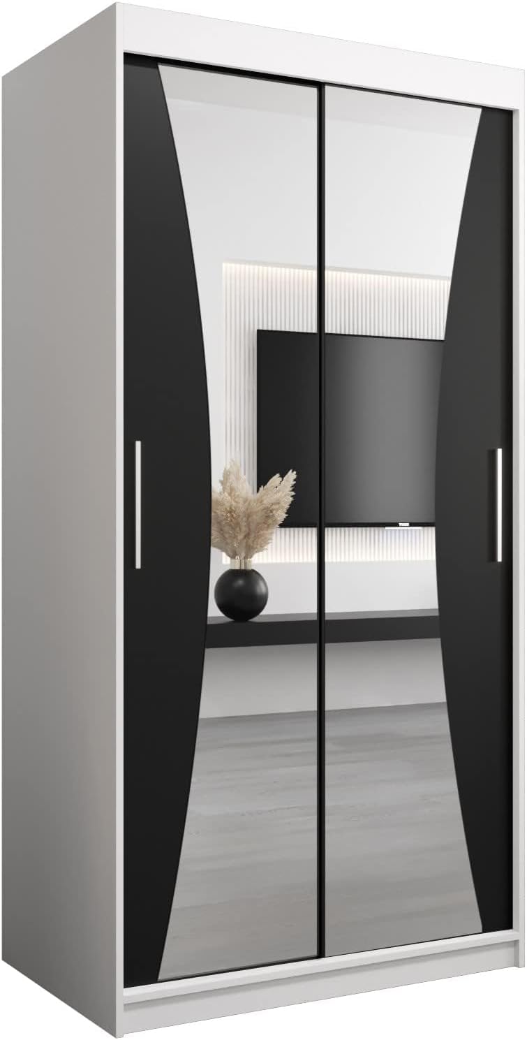 MEBLE KRYSPOL Kleiderschrank mit Spiegel Monaco - Garderobenschrank - Schrank Schlafzimmer - Mehrzweckschrank DREI Schiebetüren - Regalen - Flur Möbel - Kleiderstange Schrank - Allzweckschrank