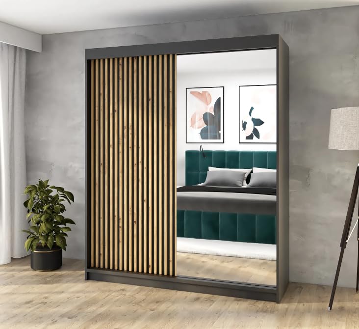 A&J MöbelLand Schwebetürenschrank MIT, 2-türig Kleiderschrank mit Spiegel (Schwarz, 160 cm x 215 cm)