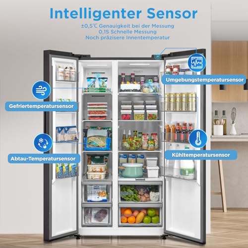 Midea KS-DDX 6.32 WT Side-by-Side Kühl-/Gefrierkombination/ 178,8 cm Höhe/ 254 kWh/Jahr/No Frost/Dual Inverter Compressor/mit 3in1 Wasser-/Eisspender und Wassertank, Dark Inox