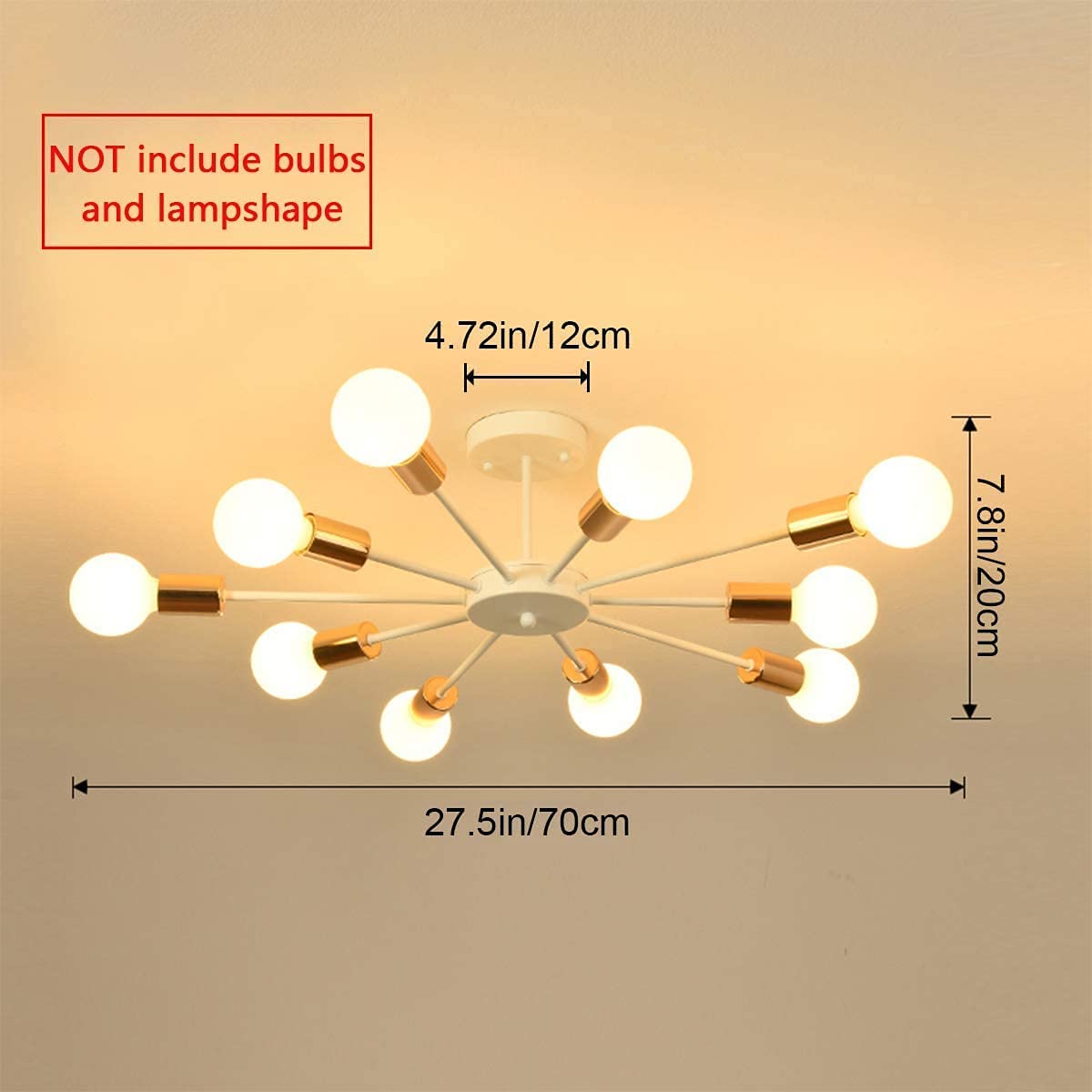JIINOO 10 Lights Modern Chandelier Ceiling Light Gold Industrial Ceiling Lamp Medieval Semi Flush Mount Chandelier Ceiling Light for Kitchen Dining Room Living Room Bedroom Lighting