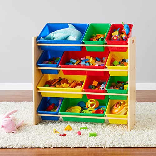 Amazon Basics Kids Toy Storage Toy Organiser with 12 Plastic Containers, White Wood with Pink Containers, 27.7 x 85.3 x 79 cm