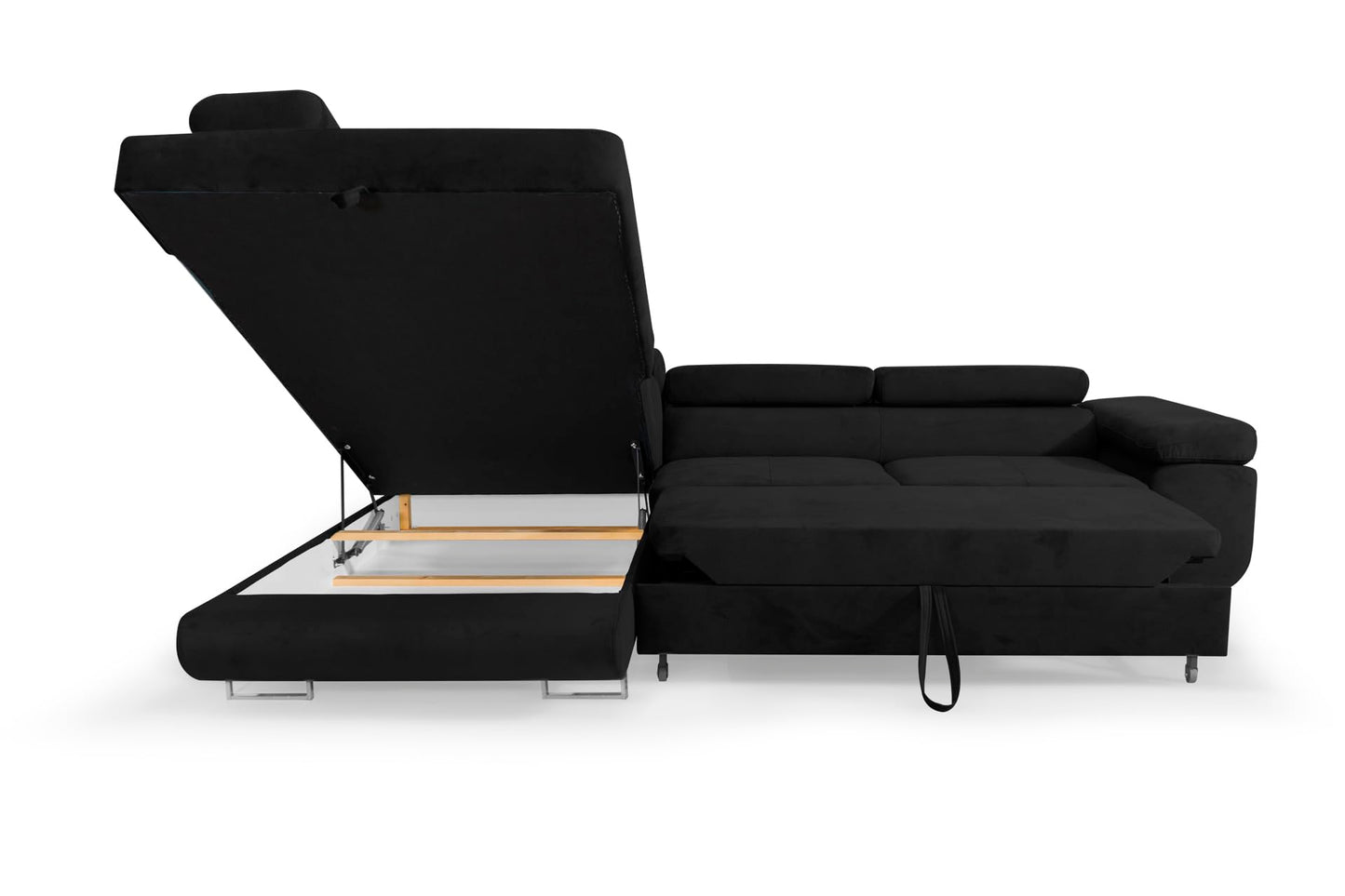 Aller L-Shaped Corner Sofa with Sleep Function and Bed Box in Jasmine, Left Ottoman (Dark Grey)