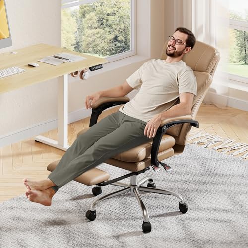 DEVAISE Chefsesse PU Leder, Bürostuhl Ergonomisch mit Fußstütze und Lendenwirbelstütze, Wippfunktion und Winkelverriegelung, Hohe Rückenlehne, Höhenverstellbar, Liegestuhl für Büro & Zuhause, Schwarz