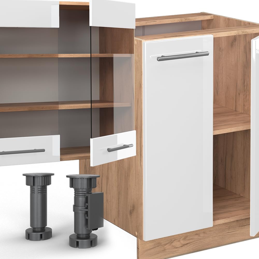 Vicco Küchenzeile Fame-Line, Anthrazit Hochglanz/Goldkraft Eiche, 300 cm mit Hochschrank, ohne Arbeitsplatte