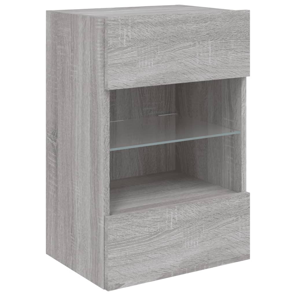 Homgoday TV Wall Cabinets with LED Lights, Pack of 2, Cabinet Wall TV Cabinet with Lots of Storage Space, Wall Mounted TV Furniture for Living Room, Bedroom, Grey, Sonoma