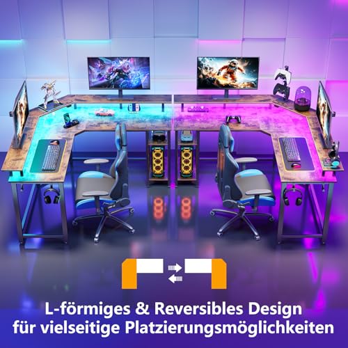 Rolanstar Schreibtisch L Form mit LED & Steckdosen, 117 cm Computertisch mit Monitorständer & Ablagefläche, Reversibler Eckschreibtisch mit 2 Haken, perfekt für Arbeitszimmer Schlafzimmer Büro